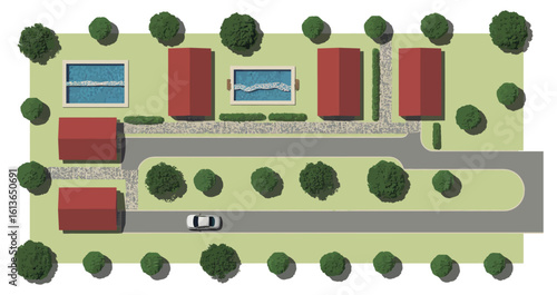 Vector art of an aerial view displays a residential area with houses, pools, gardens, and a car on the road