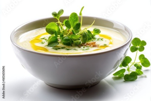 Creamy white soup with olive oil and fresh microgreens garnished in a bowl isolated on white background