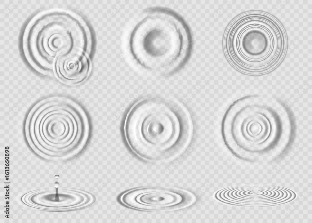 Water drop. Circle wave splash effect. Side and top views of 3D puddle surface. Rain swirl texture. Transparent rings. Raindrop splashing. Concentric rounds. Vector ripple elements set Water drop. Circle wave splash effect. Side and top views of 3D puddle surface. Rain swirl texture. Transparent rings. Raindrop splashing. Concentric rounds. Vector ripple elements set