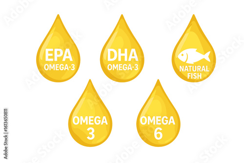 Omega 3 and 6 fatty acid golden oil drop icon set with EPA and DHA. Natural fish source symbol for dietary supplement, nutrition, and healthcare. Vector illustration.