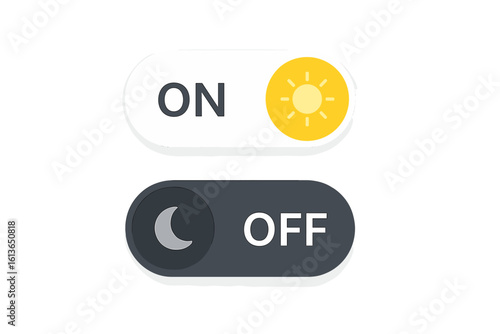 On and Off toggle switch buttons for light and dark mode. Day and night theme switcher for mobile app and web design. UI UX vector element with sun and moon icons.