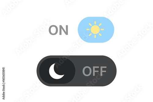 On and Off toggle switch for light and dark mode. Day and night theme switcher with sun and moon icons. User interface element for mobile app and web design vector.