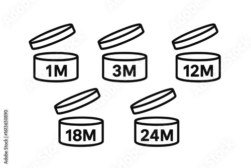PAO symbol vector icon set. Period After Opening sign. Cosmetic package lifetime information label. Expiration date graphic. Best before 1, 3, 12, 18, 24 months.