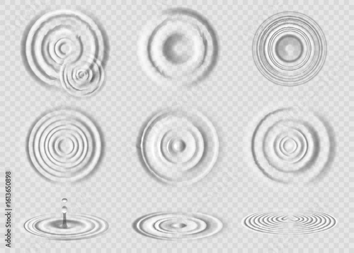 Water drop. Circle wave splash effect. Side and top views of 3D puddle surface. Rain swirl texture. Transparent rings. Raindrop splashing. Concentric rounds. Vector ripple elements set