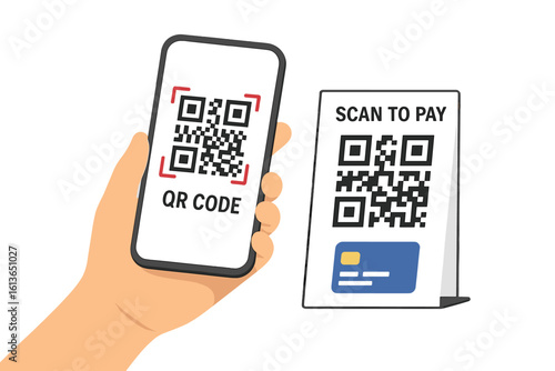 Scan to pay using QR code. Hand holding smartphone to scan QR code on a stand. Contactless payment concept for online shopping, mobile banking, and digital transaction.