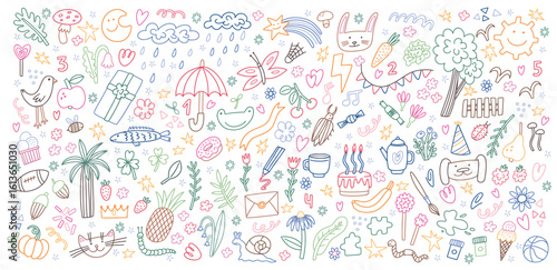 Kid elements. Cute children graphic, baby sketch or line pencil flowers, sun and tree. Hand drawn school play funny face, clouds and rainbow. Background design. Vector doodle icons set