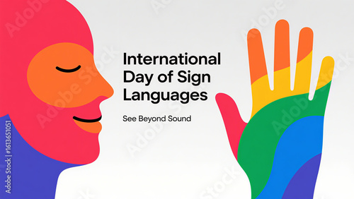 Colorful facial and palm patterns represent International Sign Language Day, interpreting 