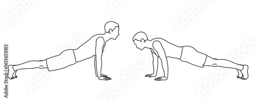 Vector art of two figures doing pushups isolated on white background for fitness and exercise