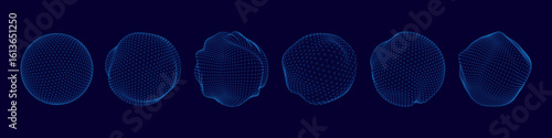 3D sphere. Digital dot globe. Abstract global matrix wireframe or mesh particle pattern. World wire orb. Minimal ball structure. Planet orb. Amorphous figures. Vector round shapes set