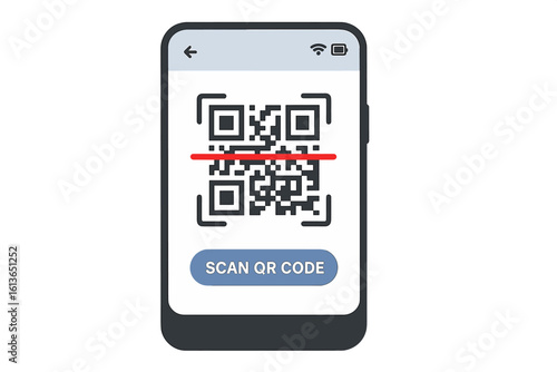 Smartphone scanning QR code for online payment. Mobile phone with QR reader app on screen. Digital barcode technology for contactless transaction or verification concept.