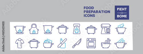 Vector art of food preparation icons featuring various cooking utensils and equipment for culinary tasks