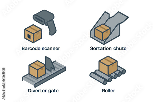 Warehouse automation icon set. Isometric flat icons of logistics sorting system, barcode scanner, conveyor, roller for package distribution, shipping and delivery service.