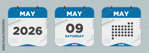 Modern Calendar icon. May. 2026 9 day. The concept of waiting for an important date. Day calendar with date May 9. Cheklist day calendar. Vector illustration