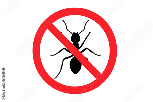No ants warning sign vector icon. Anti-insect symbol for pest control and insecticide. Forbidden bug silhouette illustration. Red prohibition circle for pest management.
