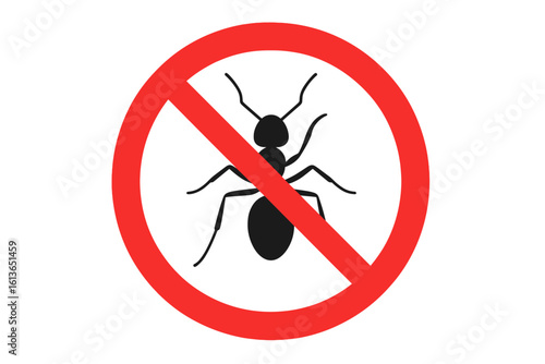 No ants warning sign vector icon. Anti-insect symbol for insecticide and pest control. Prohibited ant sign for sanitation and hygiene. Stop infestation concept.