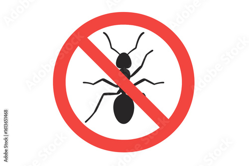 Warning sign no ants. Vector symbol for pest control. Prohibited red circle icon. Forbidden insect pictogram for informational sanitation, hygiene and institutional care.