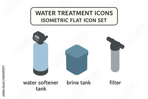 Water treatment isometric icon set. Home water softening and filtration system components. Water softener tank, brine tank, and filter cartridge vector flat icons.