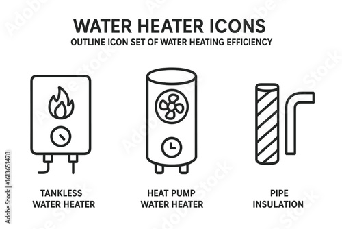 Water heater icon set. Line art icons of water heating efficiency. Includes tankless water heater, heat pump, and pipe insulation. Vector for plumbing and HVAC concepts.