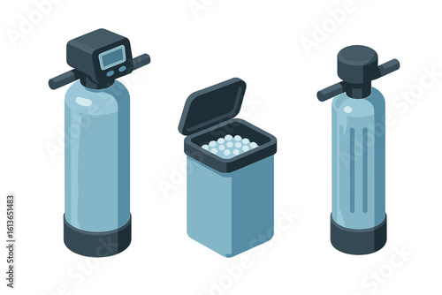 Water treatment system isometric icon set. Vector illustration of a water softener, filter tank, and brine tank with salt pellets for purification and conditioning.