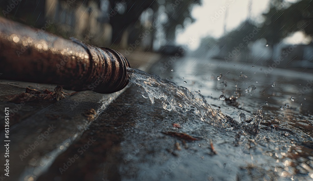 Fototapeta premium Water gushing from a rusty pipe on a wet city street