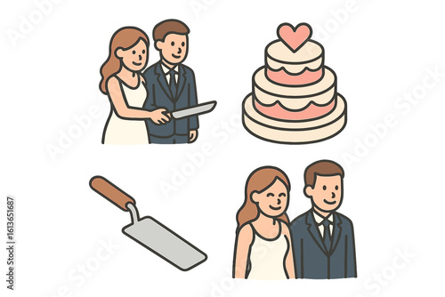 Wedding vector icon set of a couple cutting the cake. Smiling bride and groom holding a knife. Includes multi-tier cake with heart and server spatula. Flat design for marriage.