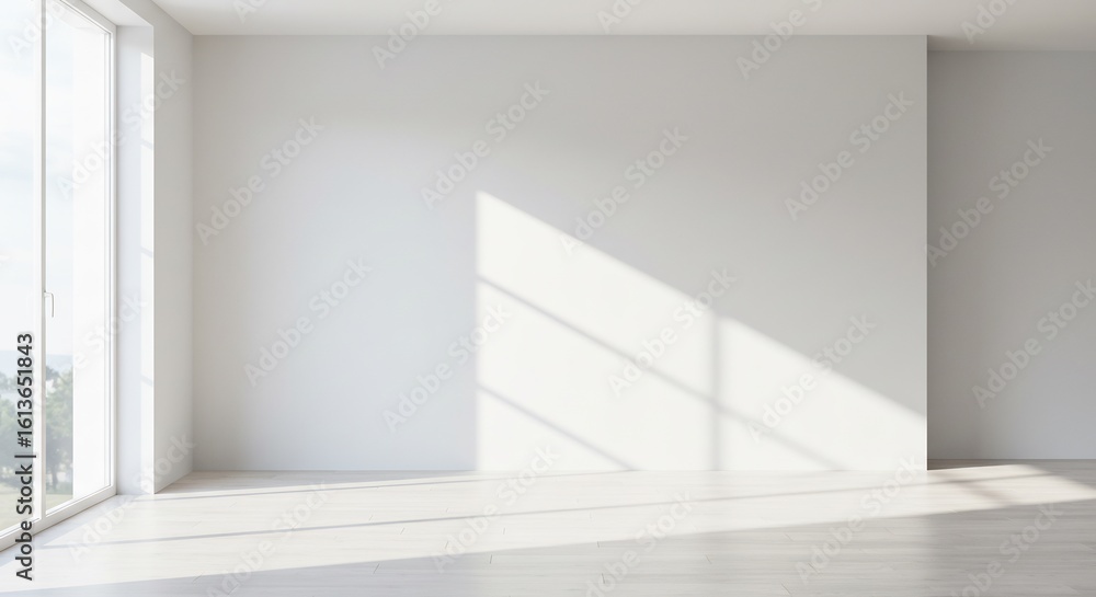 Fototapeta premium 白く清潔な室内に差し込む柔らかな日差しが輝く、空室の静かな空間