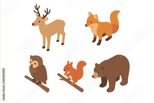 Forest animals isometric icon set. Cute wildlife collection with deer, fox, bear, owl, and squirrel. Flat design cartoon vector illustration for web and graphic design.