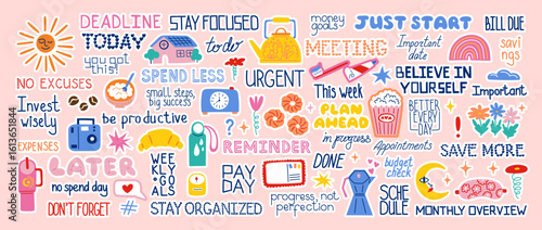 Planner stickers. Cute scrapbook. Diary doodles. Daily week calendar or notebook. Deadline reminder. Girl paper notes. Task planning label. Motivation phrase. Vector trendy icons set