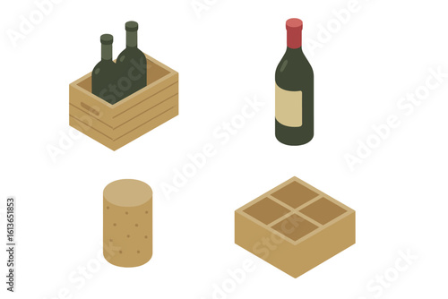 Isometric wine packaging icon set. Flat vector illustration of wooden crate with bottles, cork, and box divider. Alcohol beverage graphic elements for logistics and storage.