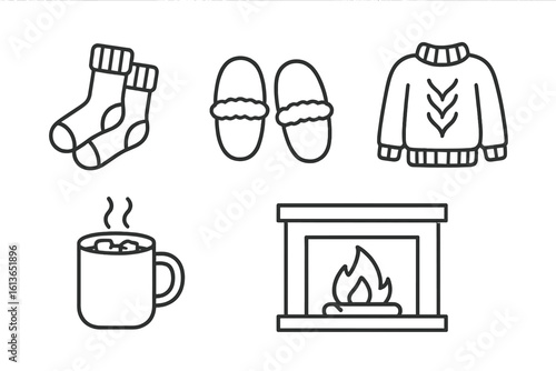 Winter cozy icons line art set. Hygge lifestyle concept for home relaxation. Vector symbols of fireplace, hot cocoa, warm sweater, wool socks, and slippers.