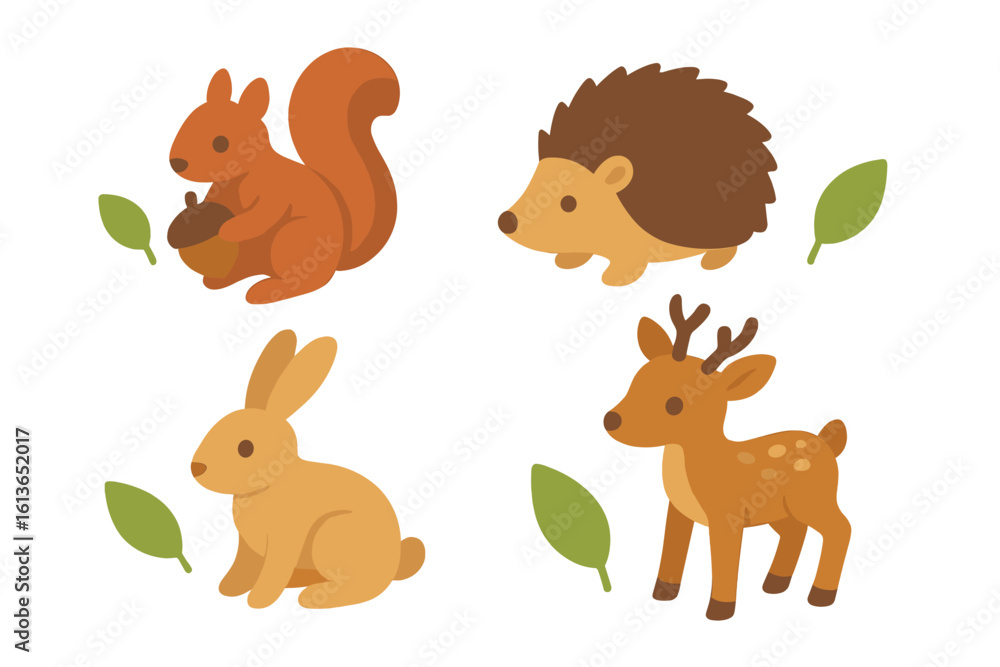 Naklejka premium Cute woodland animals icon set. Adorable forest creatures collection with squirrel, hedgehog, rabbit, deer. Flat cartoon vector illustration isolated for kids design.