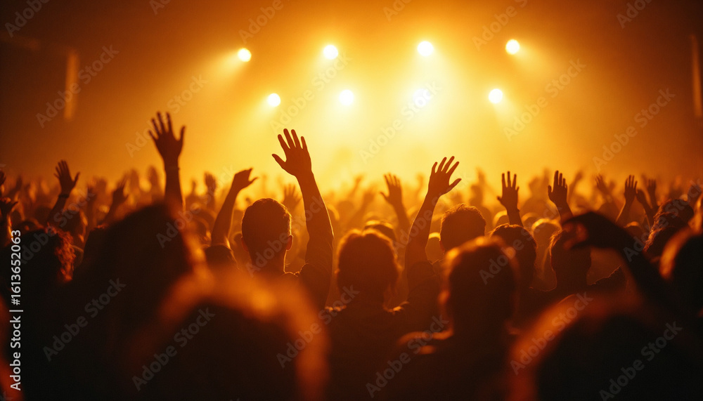 Fototapeta premium Crowd silhouettes at a concert, hands raised under vibrant lights. 