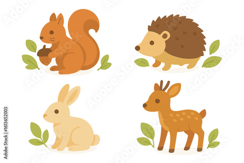Cute woodland animal icon set. Collection of forest creatures: squirrel with acorn, hedgehog, rabbit, baby deer. Kawaii flat cartoon vector illustration for kids design.
