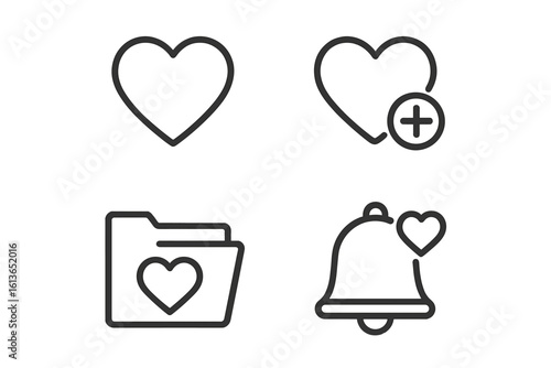 Wishlist line icon set for web and app design. Vector icons of heart, favorites, and add to wishlist button. Favorite list folder and notification bell symbol for UI UX.