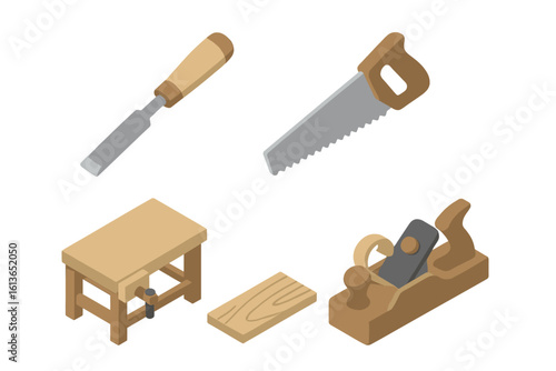 Woodworking tools icon set. Isometric vector illustration of carpentry and woodwork equipment. Includes saw, chisel, workbench, hand plane, and wooden plank for DIY projects.