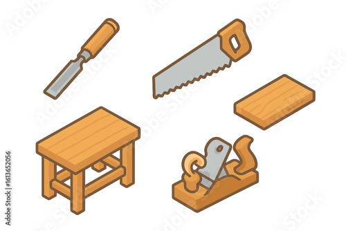Woodworking tools icon set. Isometric vector illustration of carpentry and craftsmanship equipment. Includes chisel, saw, workbench, plane tool, and wooden plank.