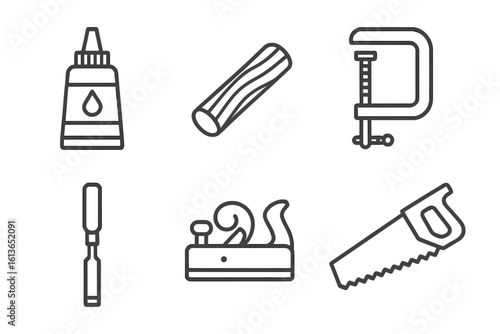 Woodworking tools line icon set. Vector illustration for carpentry and joinery projects. Includes wood glue, dowel, clamp, chisel, hand plane, and saw symbols for DIY.