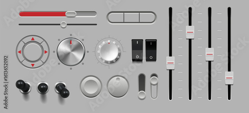 3d button. Control slider knob. Sound switch panel or metal radio dial. Stereo equipment. Music level tuner. Recorder equalizer. Multimedia regulator. Vector realistic console sliders set