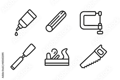Woodworking tools icon set. Carpentry line icons collection. Saw, chisel, clamp, hand plane, wood glue and dowel. Vector illustration for workshop, DIY projects.