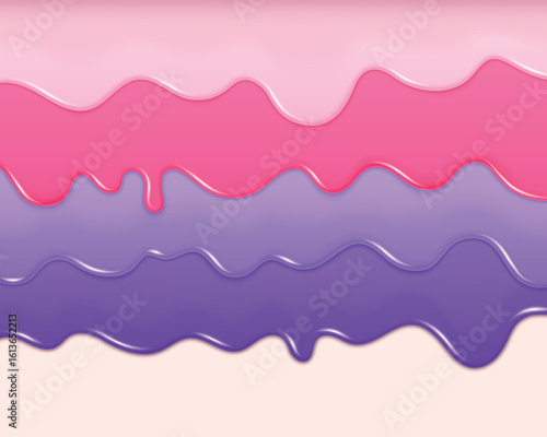 Ice cream drip. Metal candy cake. Pink ice cream or sweet donut gradient wave. Syrup icing. Fluid glaze. Liquid pastel creamy layers. Melting border. Creamy frame. Vector background