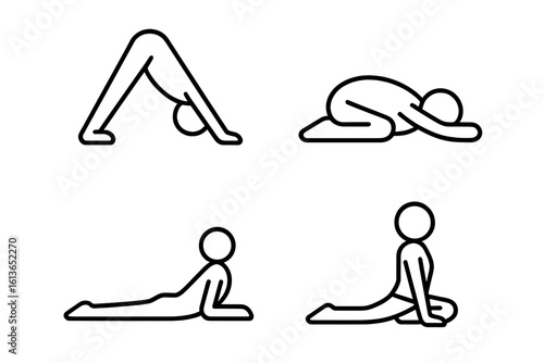 Yoga pose icon set. Line art stick figure for relaxation & post-workout stretching. Vector illustration of downward dog, child’s pose, cobra, pigeon for fitness & wellness.