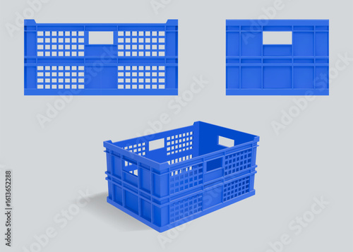 Plastic crate. Milk pallet box. Blue beer tray or open front container. 3D drink storage package. Warehouse reusable pack side view. Supermarket basket. Vector packaging mockups set