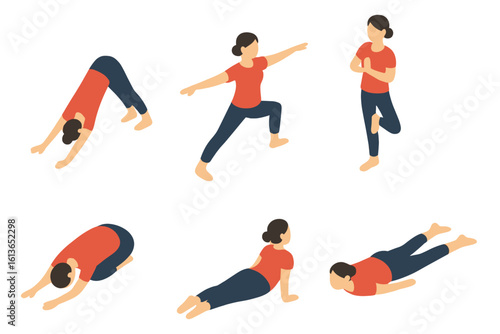 Yoga poses isometric icon set. Woman practicing asanas for fitness, wellness. Vector illustration of downward dog, warrior, tree, child's, cobra pose. Health, exercise.