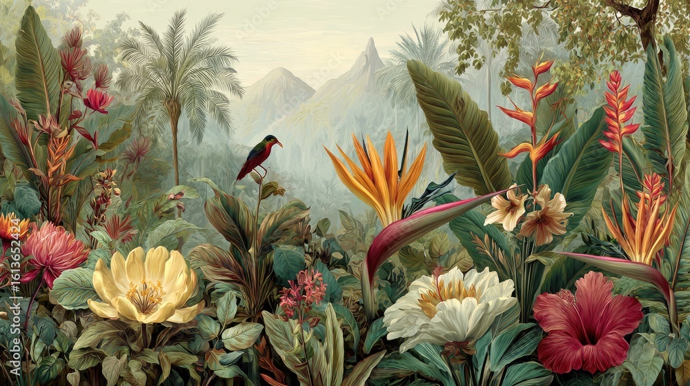 Obraz premium Lush tropical landscape, vibrant flowers and birds