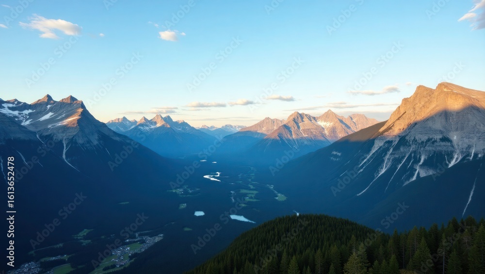 Naklejka premium Majestic Mountain Valley Sunrise mountain range clouds