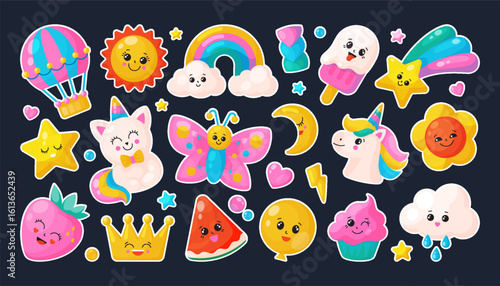 Kawaii stickers. Cute unicorn rainbow. Magic cupcake and princess crown. Pastel birthday. Girls kitten. Sun and cloud rain. Cartoon character face. Sweet baby elements. Vector icons set
