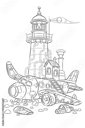 Illustration of steampunk style lighthouse with airplane wreckage isolated on white background.