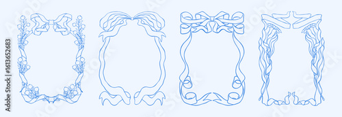 Bow frame. Line ribbon border with flowers and leaves, hand drawn vintage valentine or birthday coquette decorative elements. Cute elegant love. Wedding cards design. Vector aesthetic set