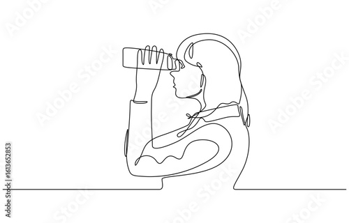 Continuous one line drawing of Young woman looking through with binocular vector illustration. Editable outline