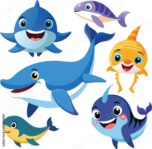 A fun vector set of cute cartoon sea animals: fish, dolphin, shark, octopus, whale, starfish, and crab